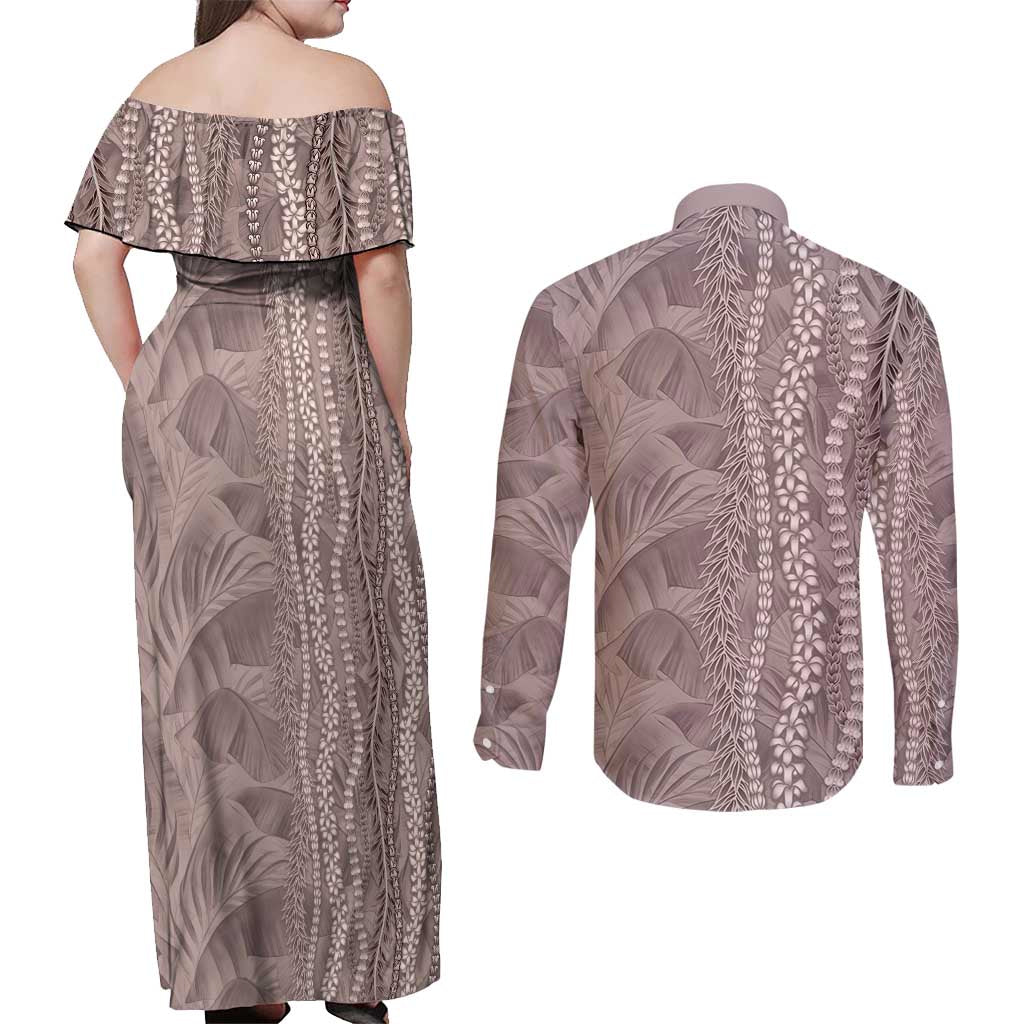 Hawaii Prince Kuhio Couples Matching Off Shoulder Maxi Dress and Long Sleeve Button Shirt Mocha Hawaiian Lau Maia With Leis