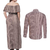 Hawaii Prince Kuhio Couples Matching Off Shoulder Maxi Dress and Long Sleeve Button Shirt Mocha Hawaiian Lau Maia With Leis