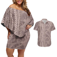 Hawaii Prince Kuhio Couples Matching Off Shoulder Short Dress and Hawaiian Shirt Mocha Hawaiian Lau Maia With Leis