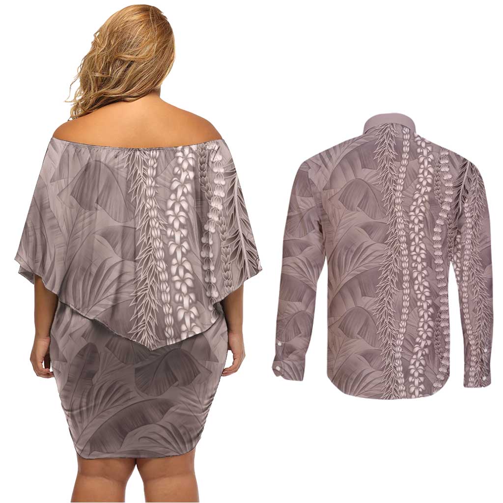 Hawaii Prince Kuhio Couples Matching Off Shoulder Short Dress and Long Sleeve Button Shirt Mocha Hawaiian Lau Maia With Leis