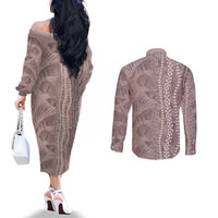 Hawaii Prince Kuhio Couples Matching Off The Shoulder Long Sleeve Dress and Long Sleeve Button Shirt Mocha Hawaiian Lau Maia With Leis LT05 - Polynesian Pride