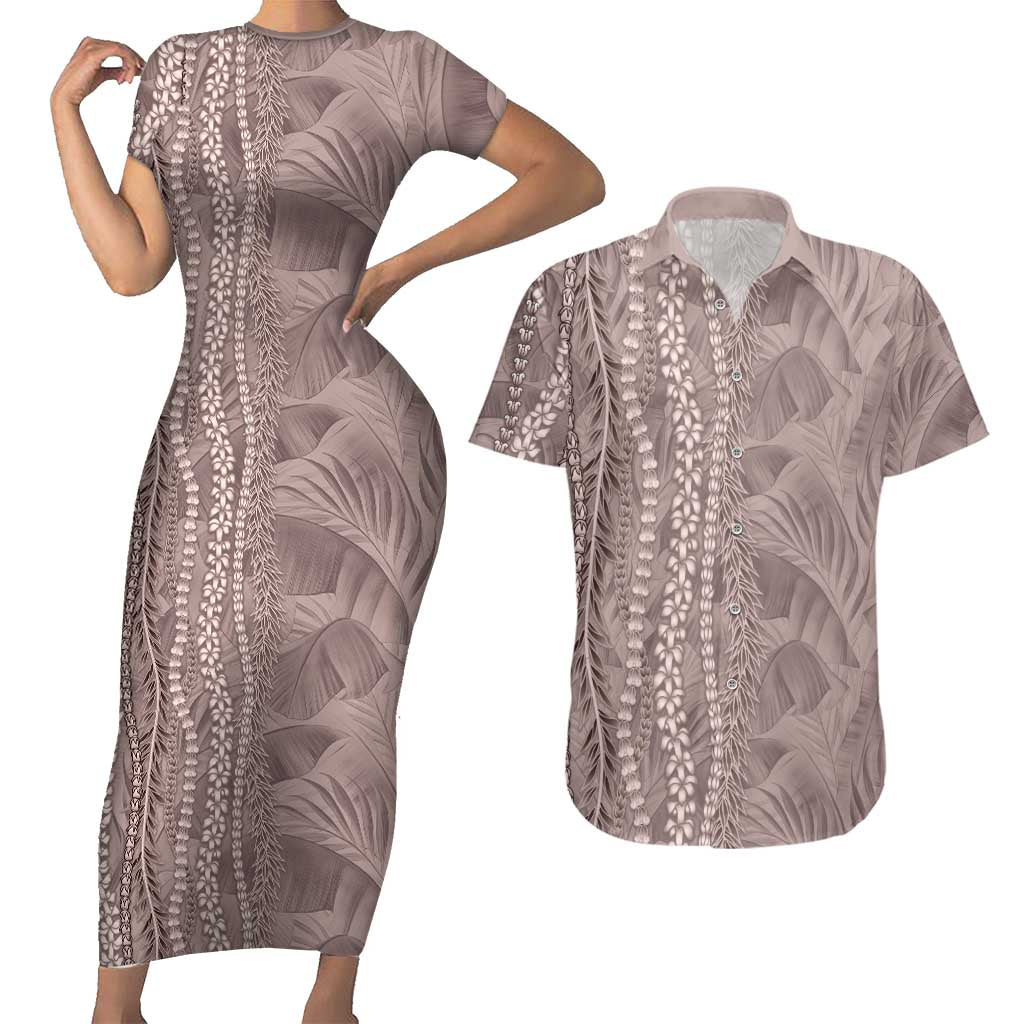 Hawaii Prince Kuhio Couples Matching Short Sleeve Bodycon Dress and Hawaiian Shirt Mocha Hawaiian Lau Maia With Leis LT05 Mocha - Polynesian Pride