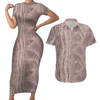 Hawaii Prince Kuhio Couples Matching Short Sleeve Bodycon Dress and Hawaiian Shirt Mocha Hawaiian Lau Maia With Leis LT05 Mocha - Polynesian Pride