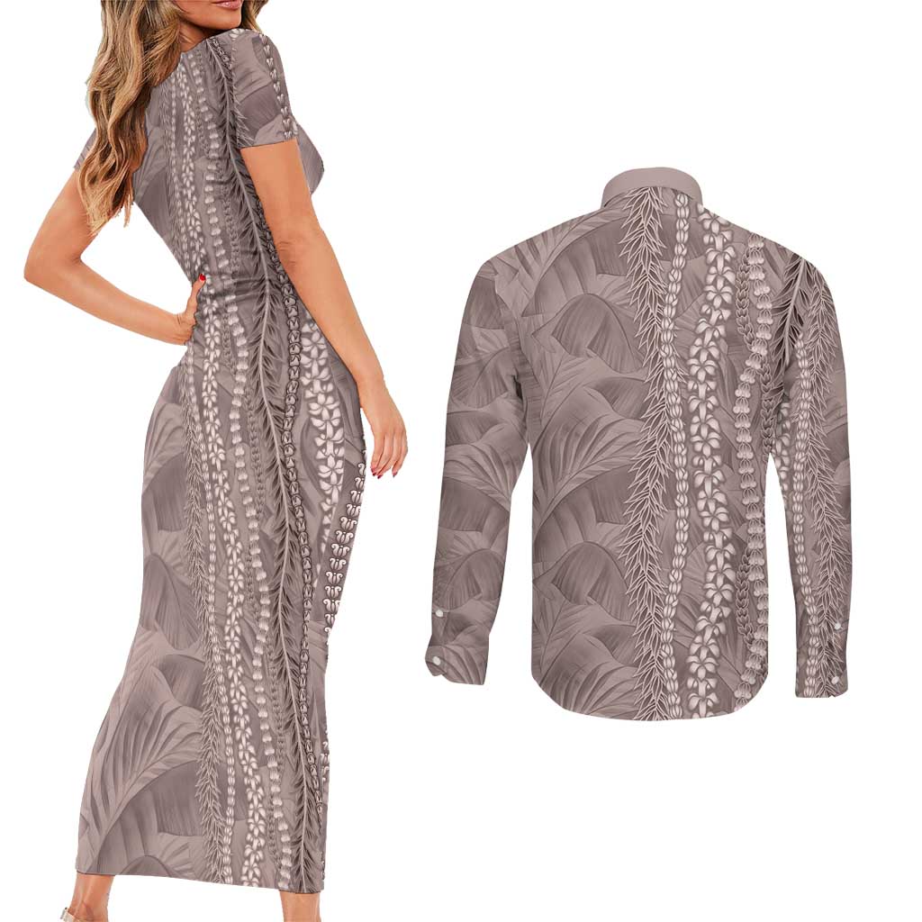 Hawaii Prince Kuhio Couples Matching Short Sleeve Bodycon Dress and Long Sleeve Button Shirt Mocha Hawaiian Lau Maia With Leis
