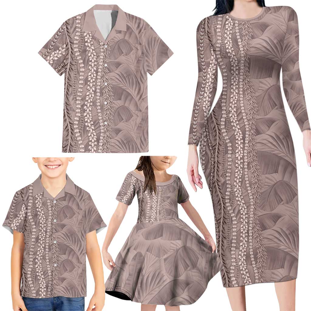 Hawaii Prince Kuhio Family Matching Long Sleeve Bodycon Dress and Hawaiian Shirt Mocha Hawaiian Lau Maia With Leis LT05 - Polynesian Pride