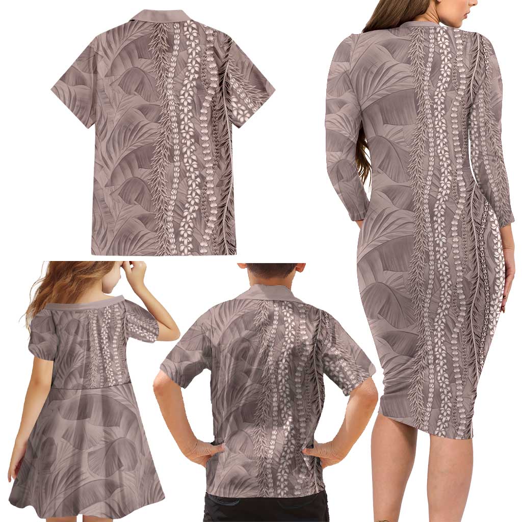 Hawaii Prince Kuhio Family Matching Long Sleeve Bodycon Dress and Hawaiian Shirt Mocha Hawaiian Lau Maia With Leis LT05 - Polynesian Pride