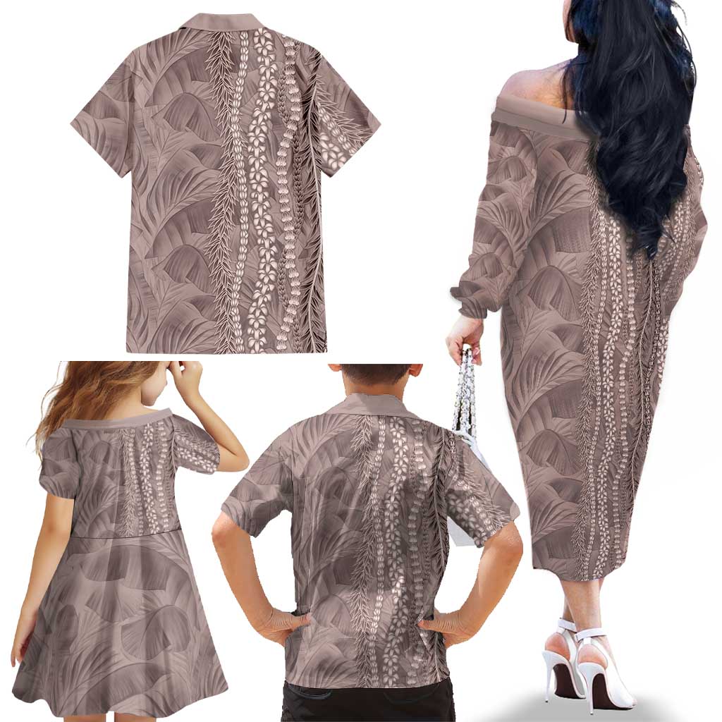 Hawaii Prince Kuhio Family Matching Off The Shoulder Long Sleeve Dress and Hawaiian Shirt Mocha Hawaiian Lau Maia With Leis LT05 - Polynesian Pride