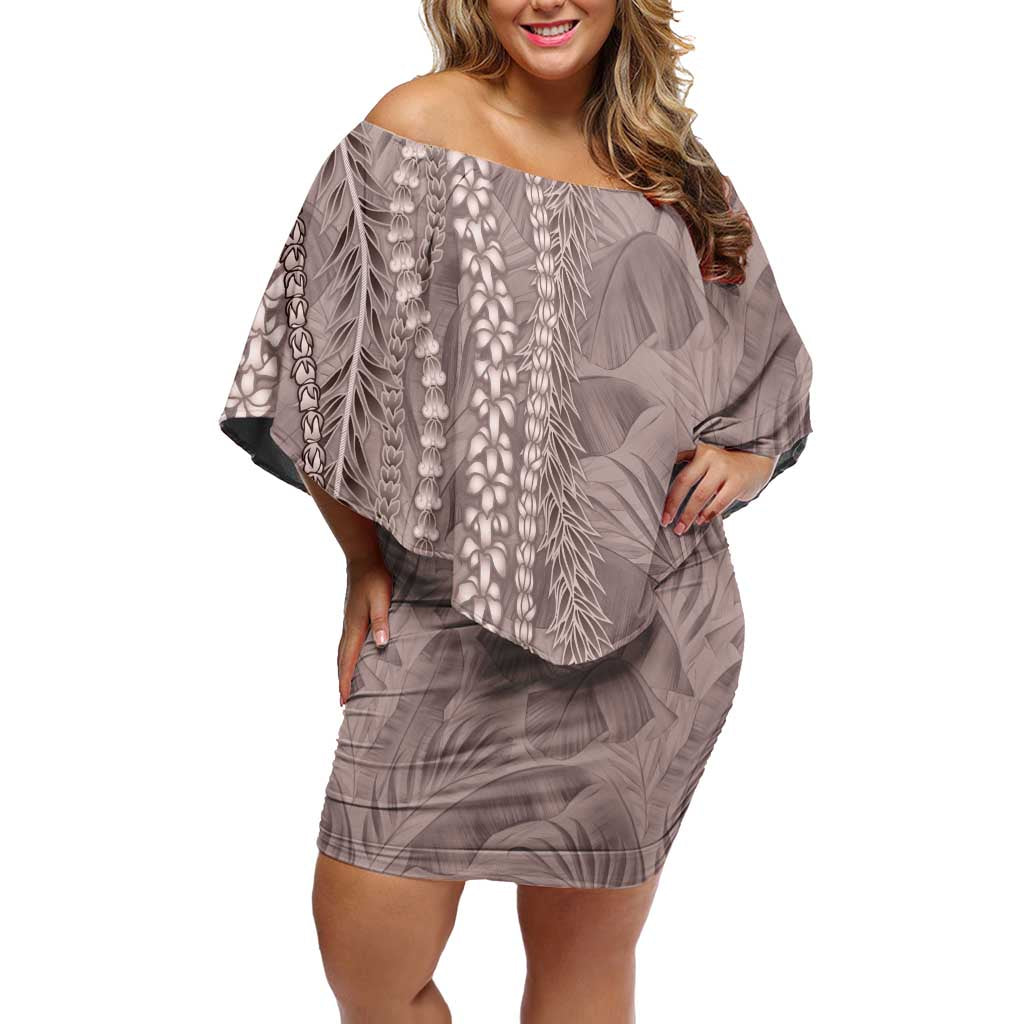 Hawaii Prince Kuhio Family Matching Off Shoulder Short Dress and Hawaiian Shirt Mocha Hawaiian Lau Maia With Leis LT05 Mom's Dress Mocha - Polynesian Pride