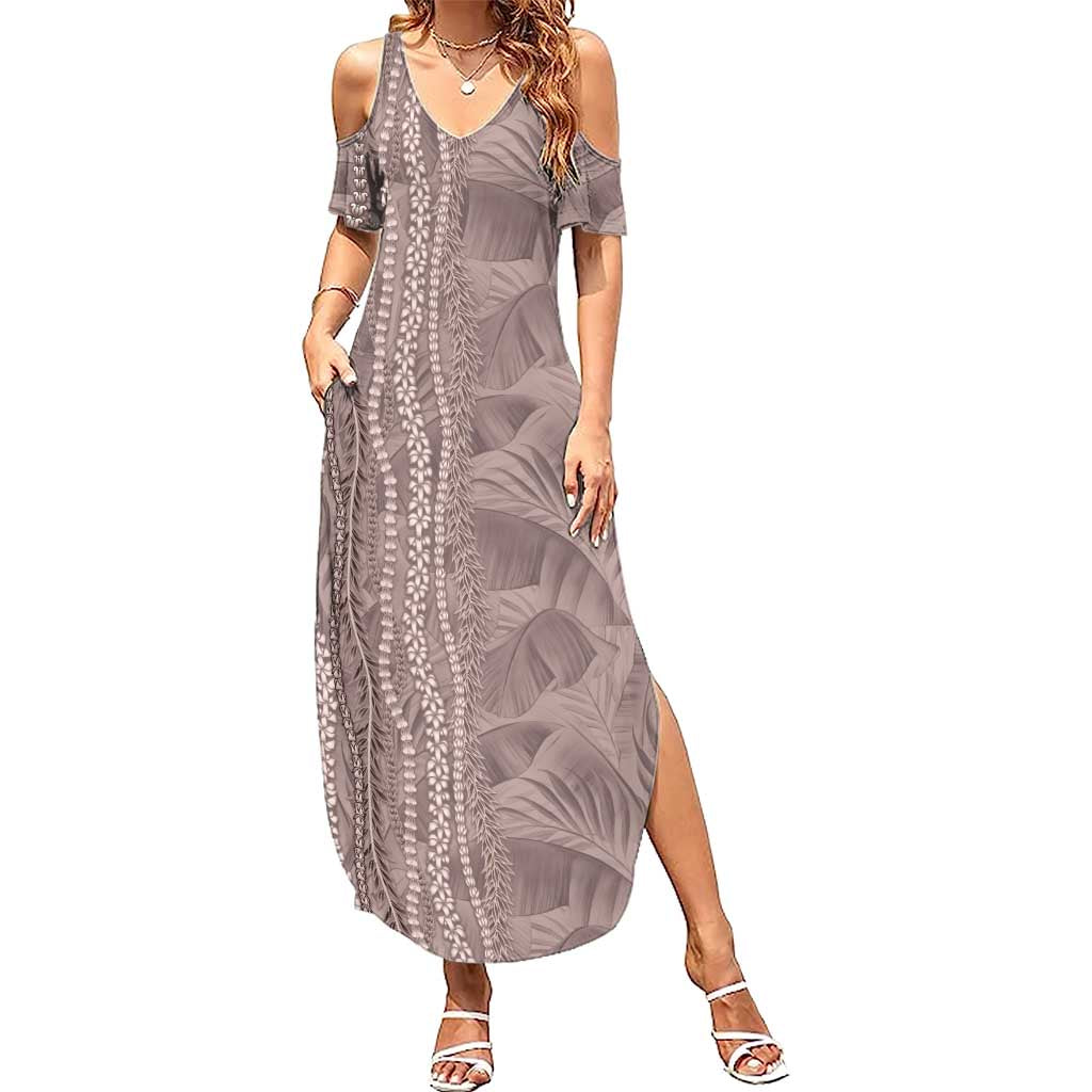 Hawaii Prince Kuhio Family Matching Summer Maxi Dress and Hawaiian Shirt Mocha Hawaiian Lau Maia With Leis LT05 Mom's Dress Mocha - Polynesian Pride