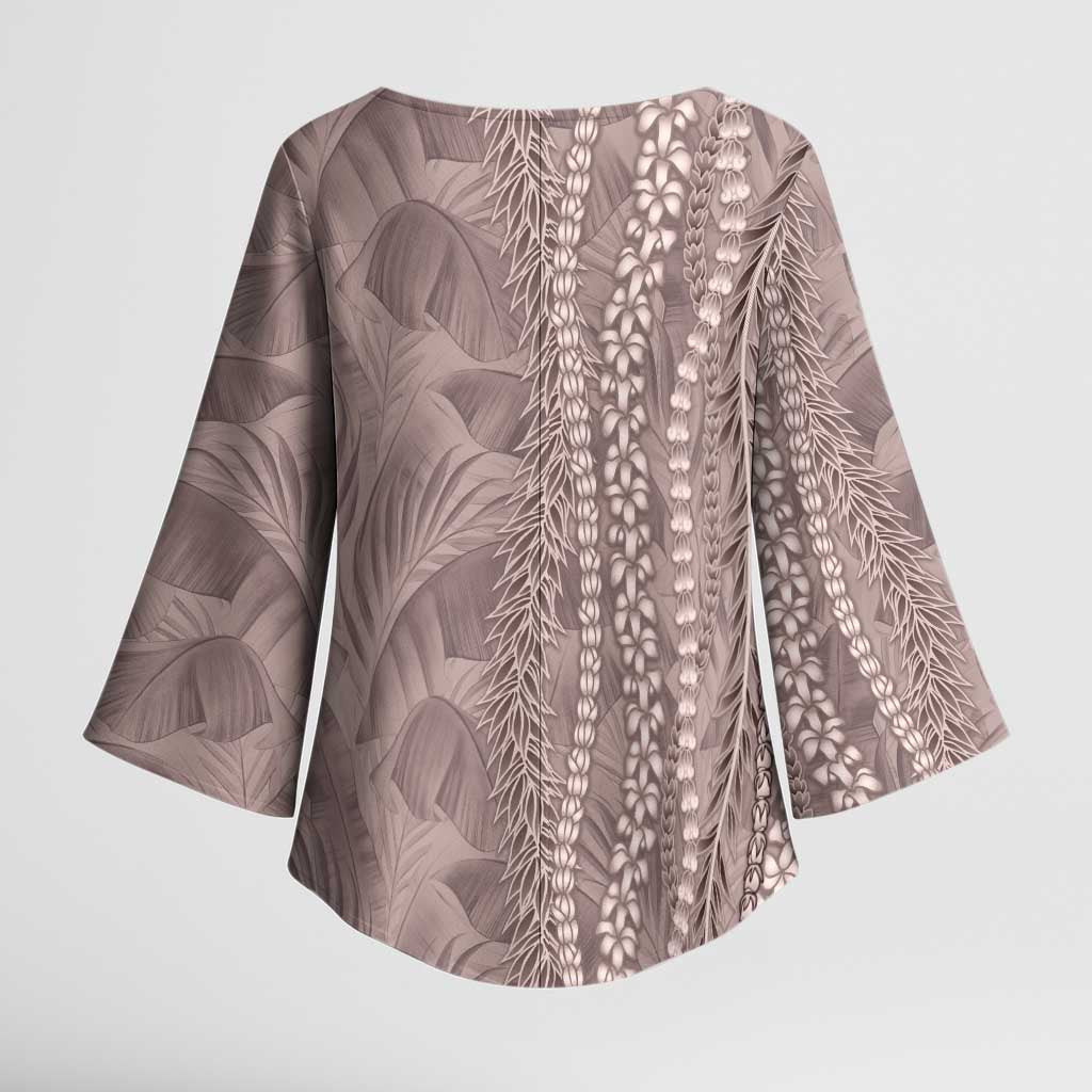 Hawaii Prince Kuhio Kimono Sleeve Blouse Mocha Hawaiian Lau Maia With Leis