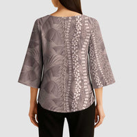 Hawaii Prince Kuhio Kimono Sleeve Blouse Mocha Hawaiian Lau Maia With Leis
