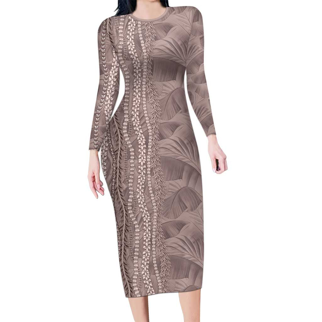 Hawaii Prince Kuhio Long Sleeve Bodycon Dress Mocha Hawaiian Lau Maia With Leis