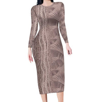 Hawaii Prince Kuhio Long Sleeve Bodycon Dress Mocha Hawaiian Lau Maia With Leis