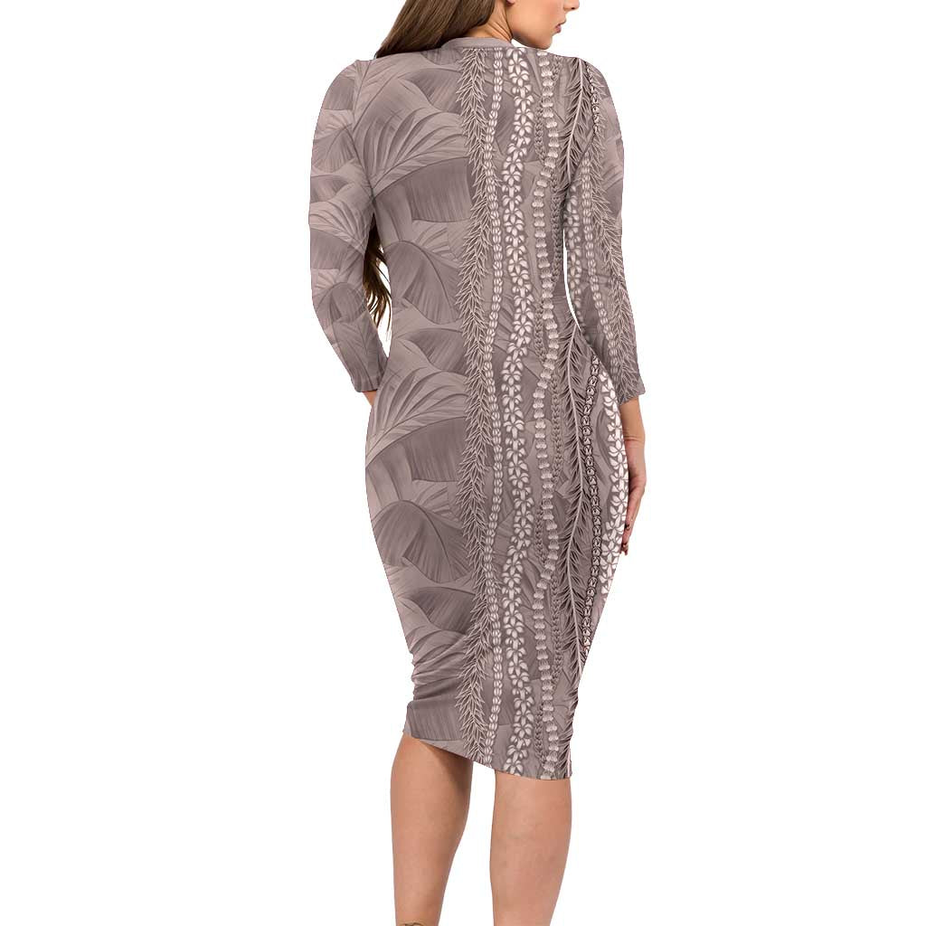 Hawaii Prince Kuhio Long Sleeve Bodycon Dress Mocha Hawaiian Lau Maia With Leis