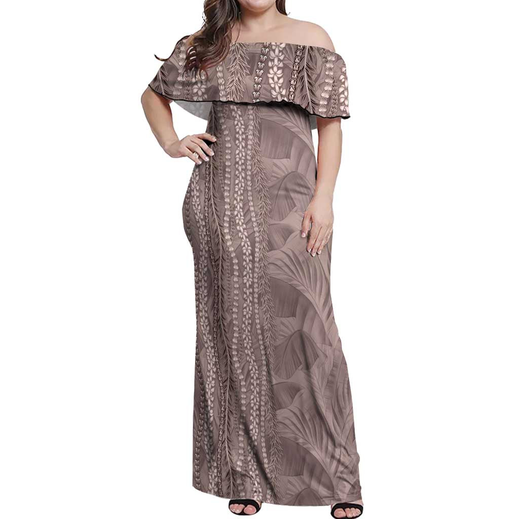 Hawaii Prince Kuhio Off Shoulder Maxi Dress Mocha Hawaiian Lau Maia With Leis