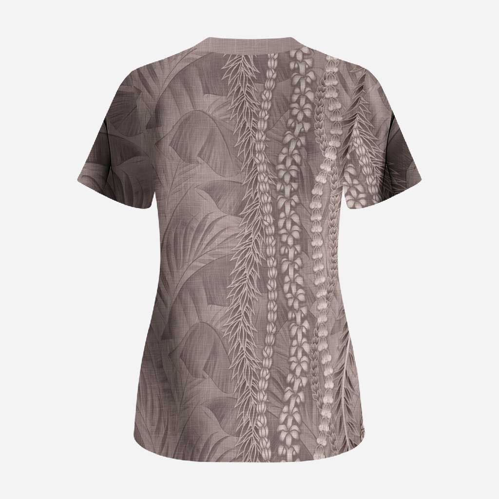 Hawaii Prince Kuhio Scrub Top Mocha Hawaiian Lau Maia With Leis