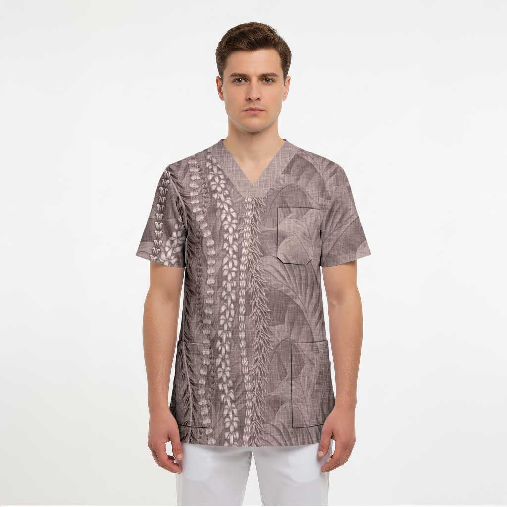 Hawaii Prince Kuhio Scrub Top Mocha Hawaiian Lau Maia With Leis