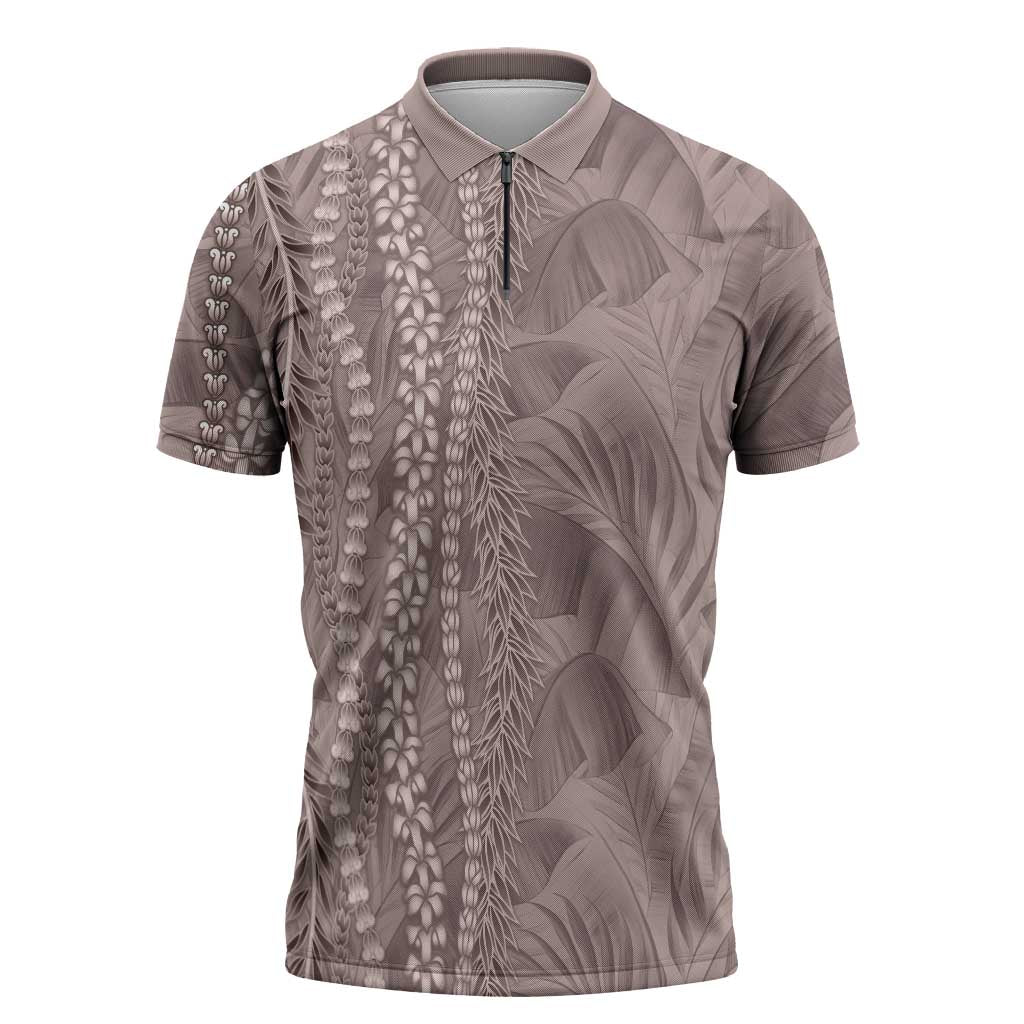 Hawaii Prince Kuhio Zipper Polo Shirt Mocha Hawaiian Lau Maia With Leis