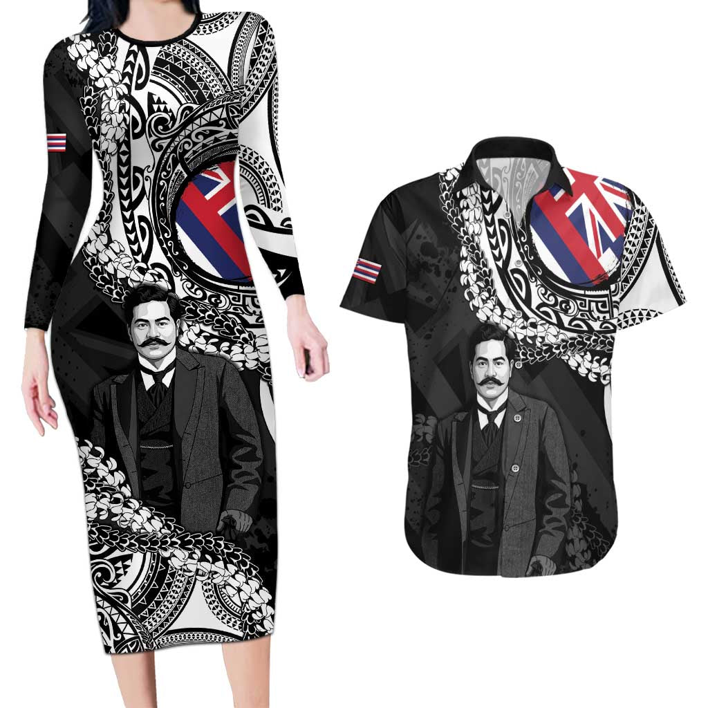 Personalised Hawaii Prince Kuhio Couples Matching Long Sleeve Bodycon Dress and Hawaiian Shirt Hawaiian Maile Lei