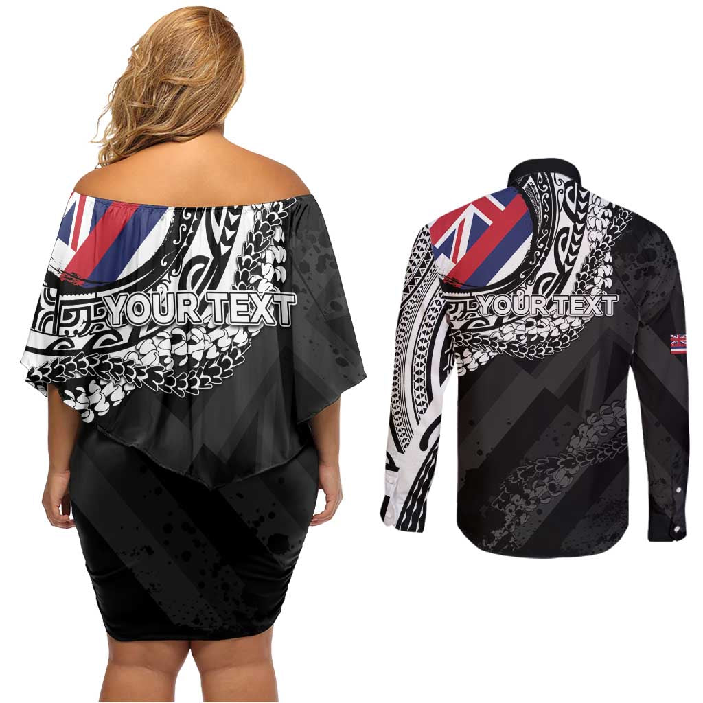Personalised Hawaii Prince Kuhio Couples Matching Off Shoulder Short Dress and Long Sleeve Button Shirt Hawaiian Maile Lei