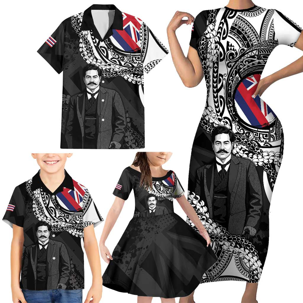Personalised Hawaii Prince Kuhio Family Matching Short Sleeve Bodycon Dress and Hawaiian Shirt Hawaiian Maile Lei LT05 - Polynesian Pride