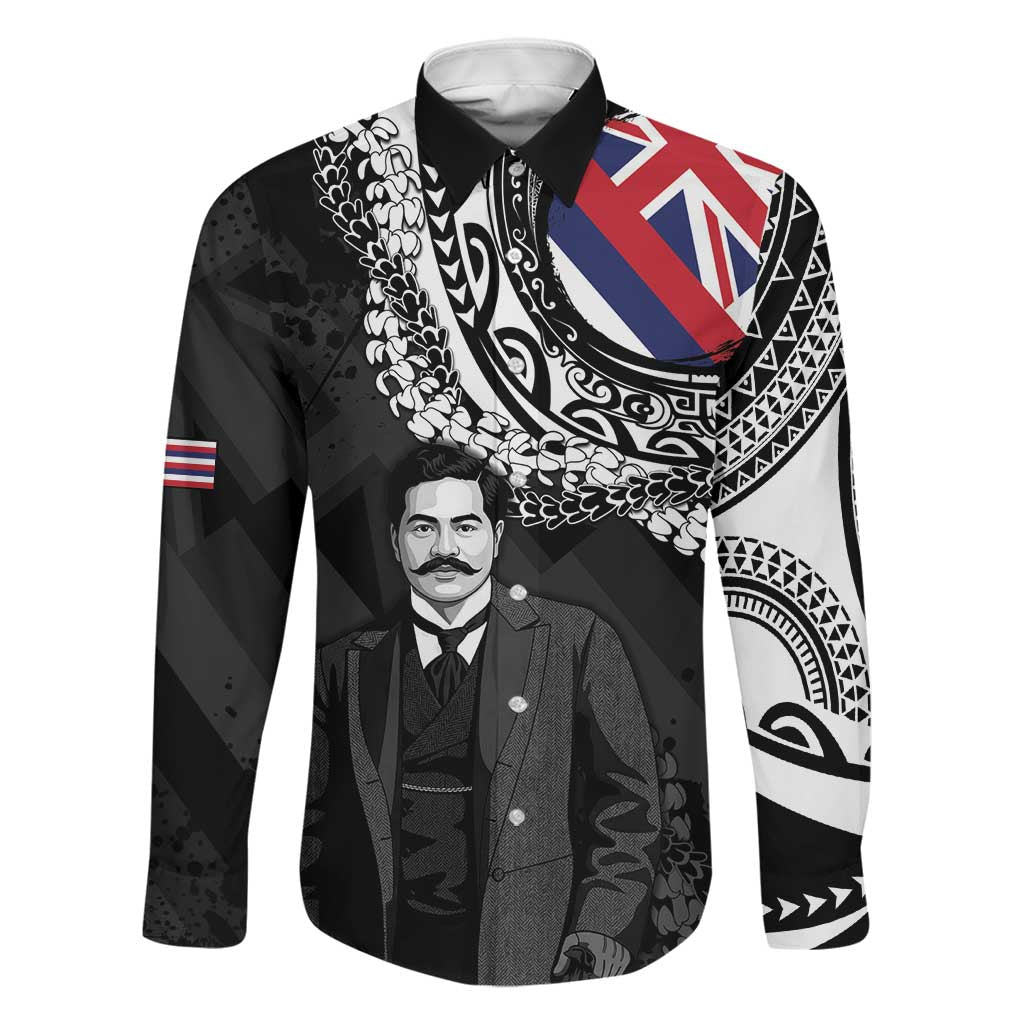 Personalised Hawaii Prince Kuhio Family Matching Tank Maxi Dress and Hawaiian Shirt Hawaiian Maile Lei LT05 Dad's Shirt - Long Sleeve Black - Polynesian Pride