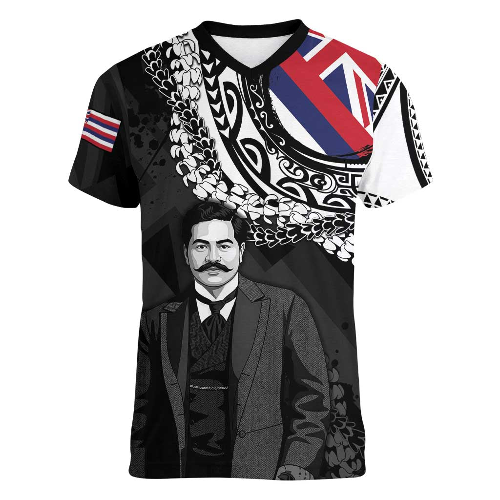 Personalised Hawaii Prince Kuhio Women V-Neck T-Shirt Hawaiian Maile Lei