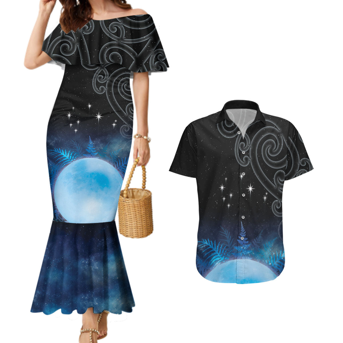 New Zealand Matariki Couples Matching Mermaid Dress and Hawaiian Shirt Pleiades Star Cluster Blue Galaxy LT05 Blue - Polynesian Pride