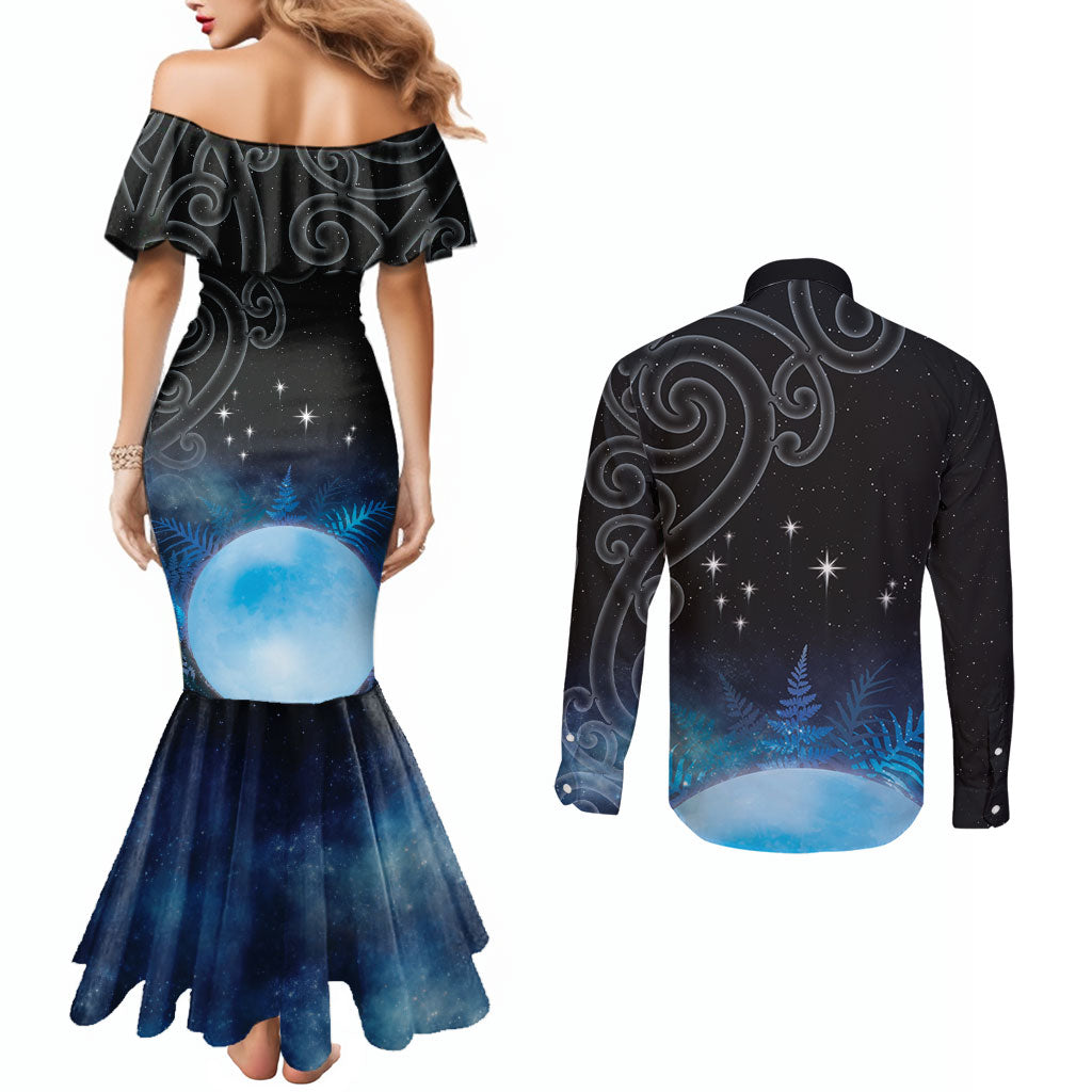 New Zealand Matariki Couples Matching Mermaid Dress and Long Sleeve Button Shirt Pleiades Star Cluster Blue Galaxy LT05 - Polynesian Pride