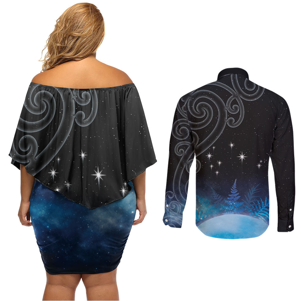 New Zealand Matariki Couples Matching Off Shoulder Short Dress and Long Sleeve Button Shirt Pleiades Star Cluster Blue Galaxy