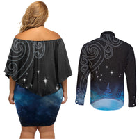New Zealand Matariki Couples Matching Off Shoulder Short Dress and Long Sleeve Button Shirt Pleiades Star Cluster Blue Galaxy