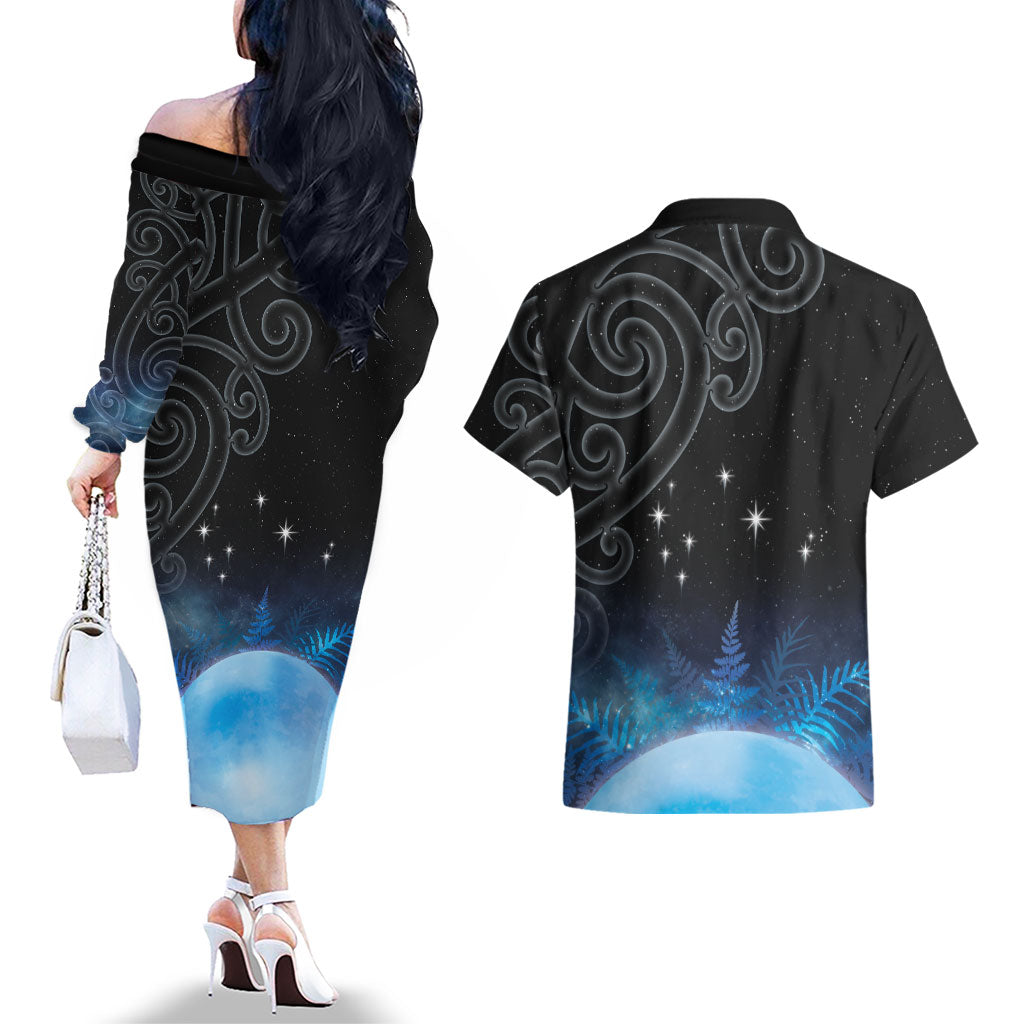 New Zealand Matariki Couples Matching Off The Shoulder Long Sleeve Dress and Hawaiian Shirt Pleiades Star Cluster Blue Galaxy LT05 - Polynesian Pride