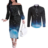 New Zealand Matariki Couples Matching Off The Shoulder Long Sleeve Dress and Long Sleeve Button Shirt Pleiades Star Cluster Blue Galaxy LT05 Blue - Polynesian Pride