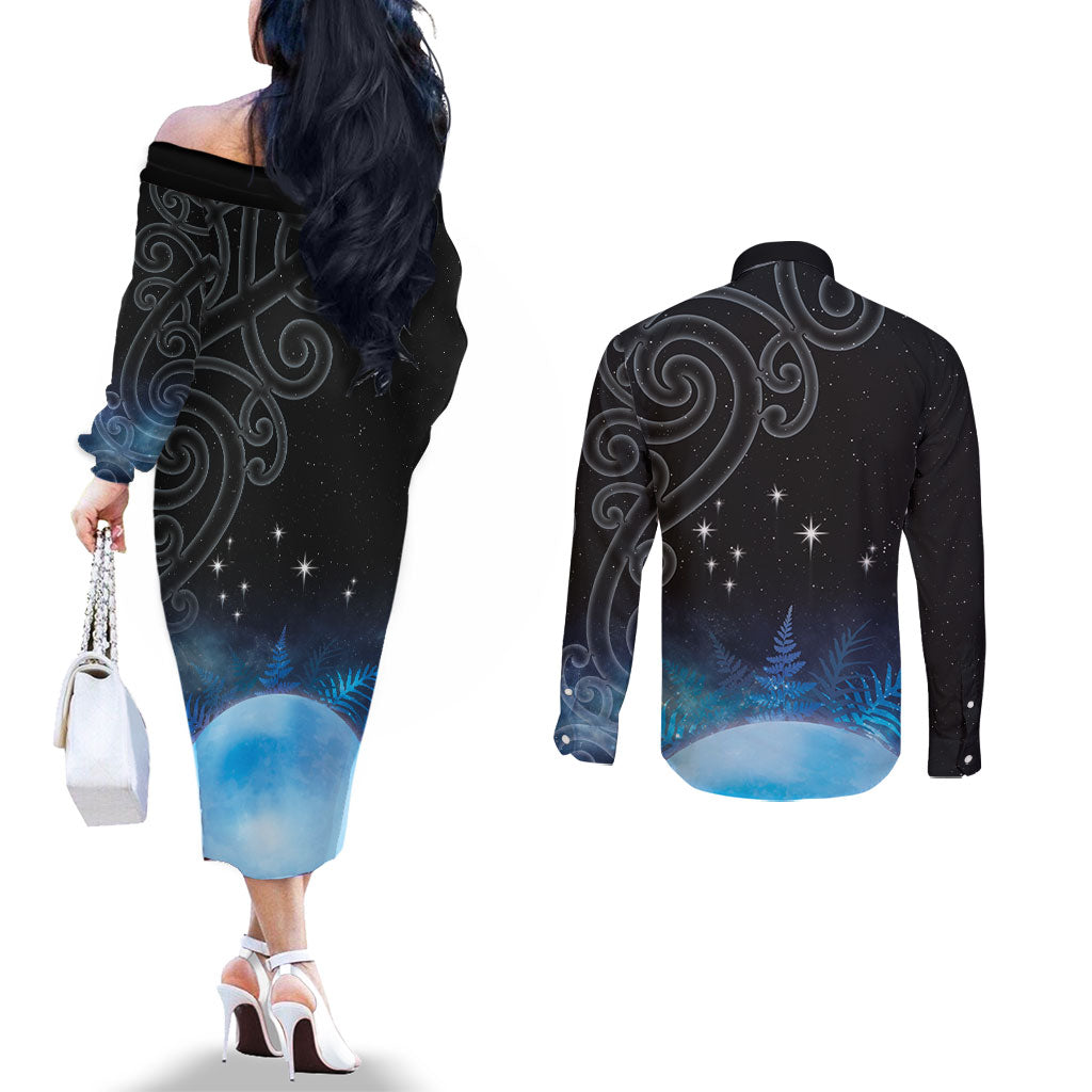 New Zealand Matariki Couples Matching Off The Shoulder Long Sleeve Dress and Long Sleeve Button Shirt Pleiades Star Cluster Blue Galaxy LT05 - Polynesian Pride