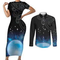 New Zealand Matariki Couples Matching Short Sleeve Bodycon Dress and Long Sleeve Button Shirt Pleiades Star Cluster Blue Galaxy LT05 Blue - Polynesian Pride