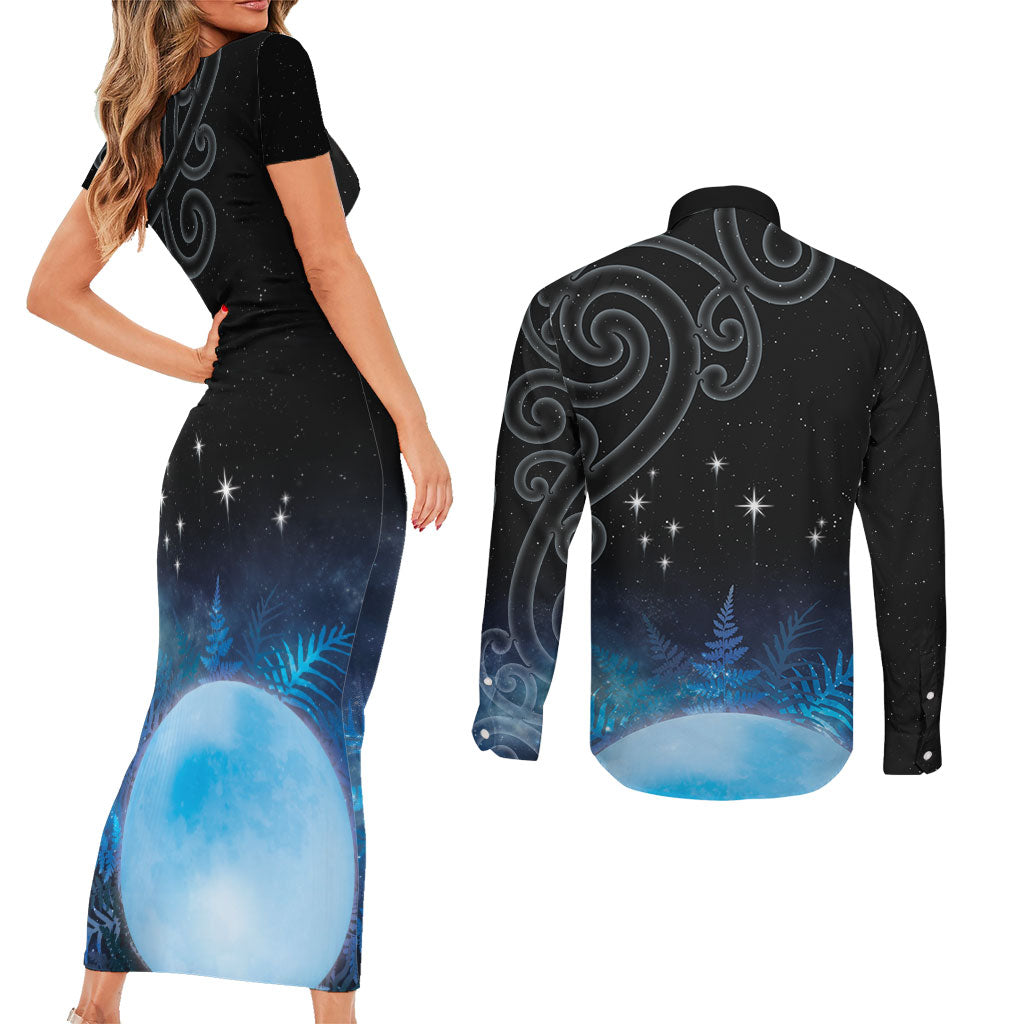 New Zealand Matariki Couples Matching Short Sleeve Bodycon Dress and Long Sleeve Button Shirt Pleiades Star Cluster Blue Galaxy LT05 - Polynesian Pride