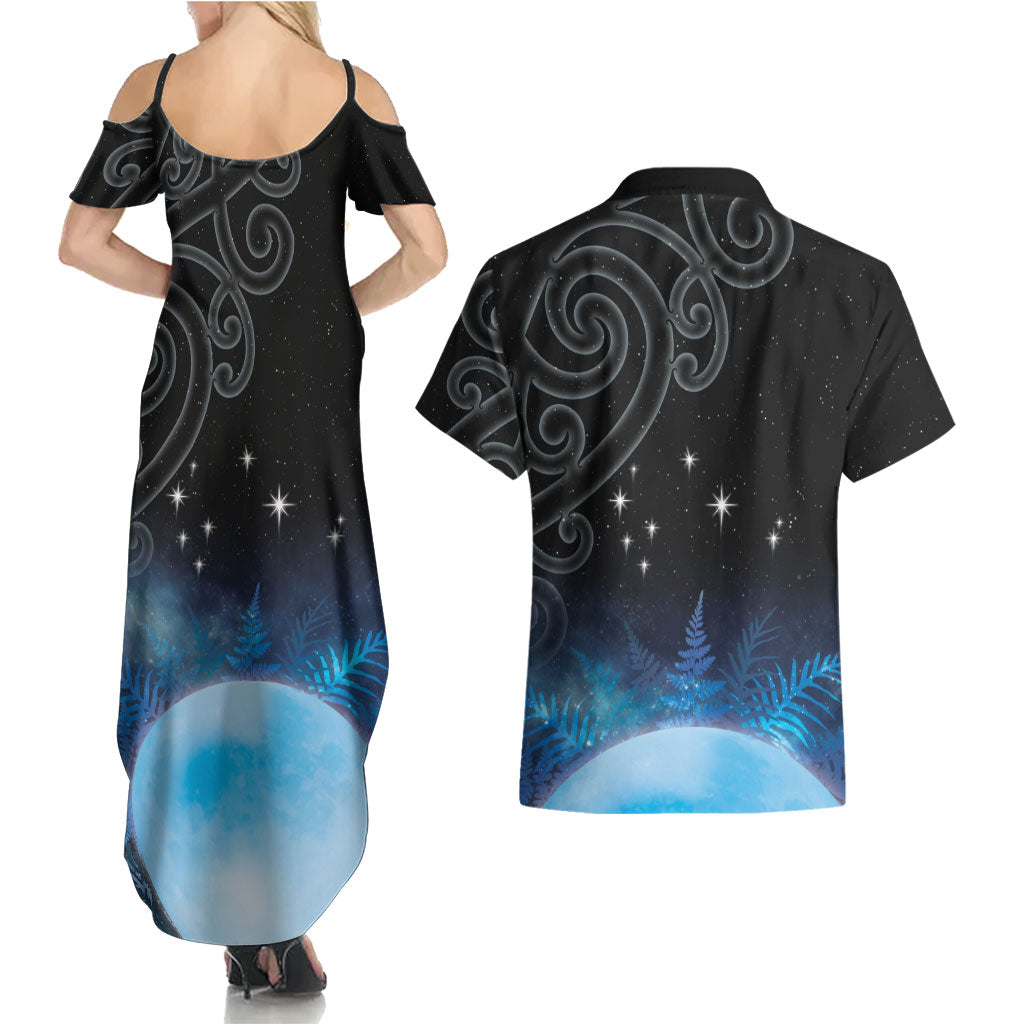New Zealand Matariki Couples Matching Summer Maxi Dress and Hawaiian Shirt Pleiades Star Cluster Blue Galaxy LT05 - Polynesian Pride