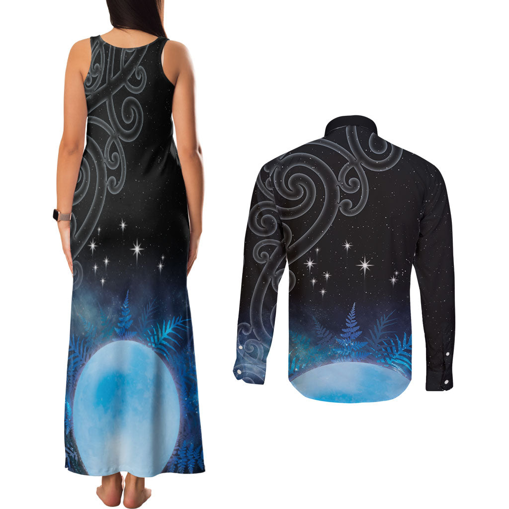 New Zealand Matariki Couples Matching Tank Maxi Dress and Long Sleeve Button Shirt Pleiades Star Cluster Blue Galaxy