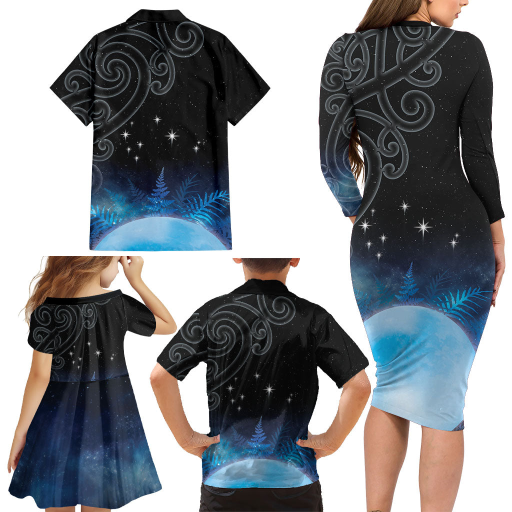 New Zealand Matariki Family Matching Long Sleeve Bodycon Dress and Hawaiian Shirt Pleiades Star Cluster Blue Galaxy LT05 - Polynesian Pride