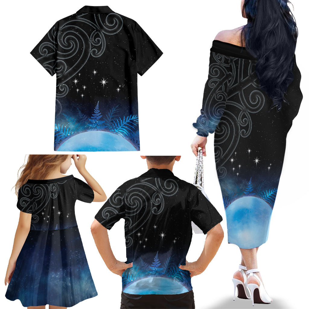 New Zealand Matariki Family Matching Off The Shoulder Long Sleeve Dress and Hawaiian Shirt Pleiades Star Cluster Blue Galaxy LT05 - Polynesian Pride