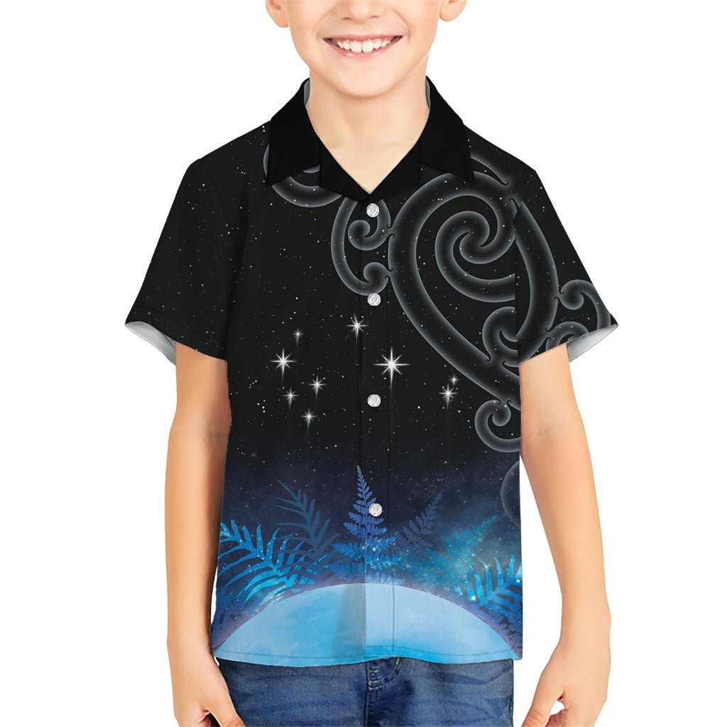 New Zealand Matariki Family Matching Off Shoulder Maxi Dress and Hawaiian Shirt Pleiades Star Cluster Blue Galaxy LT05 Son's Shirt Blue - Polynesian Pride