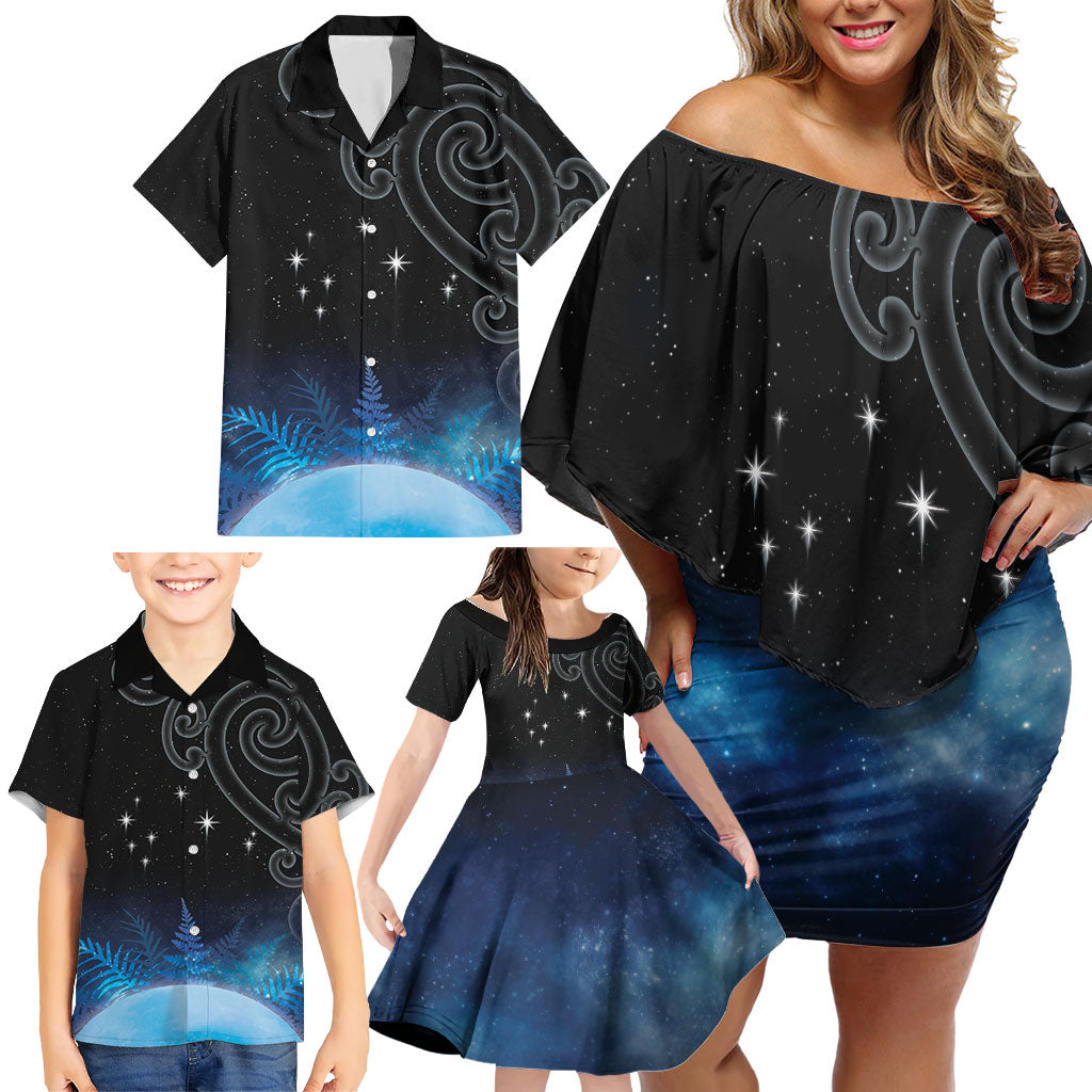 New Zealand Matariki Family Matching Off Shoulder Short Dress and Hawaiian Shirt Pleiades Star Cluster Blue Galaxy