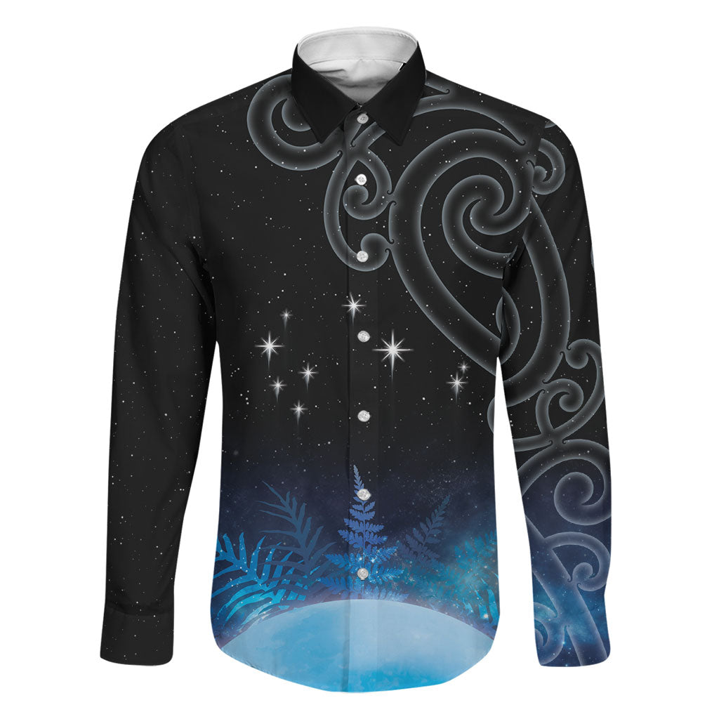 New Zealand Matariki Family Matching Puletasi and Hawaiian Shirt Pleiades Star Cluster Blue Galaxy LT05 Dad's Shirt - Long Sleeve Blue - Polynesian Pride