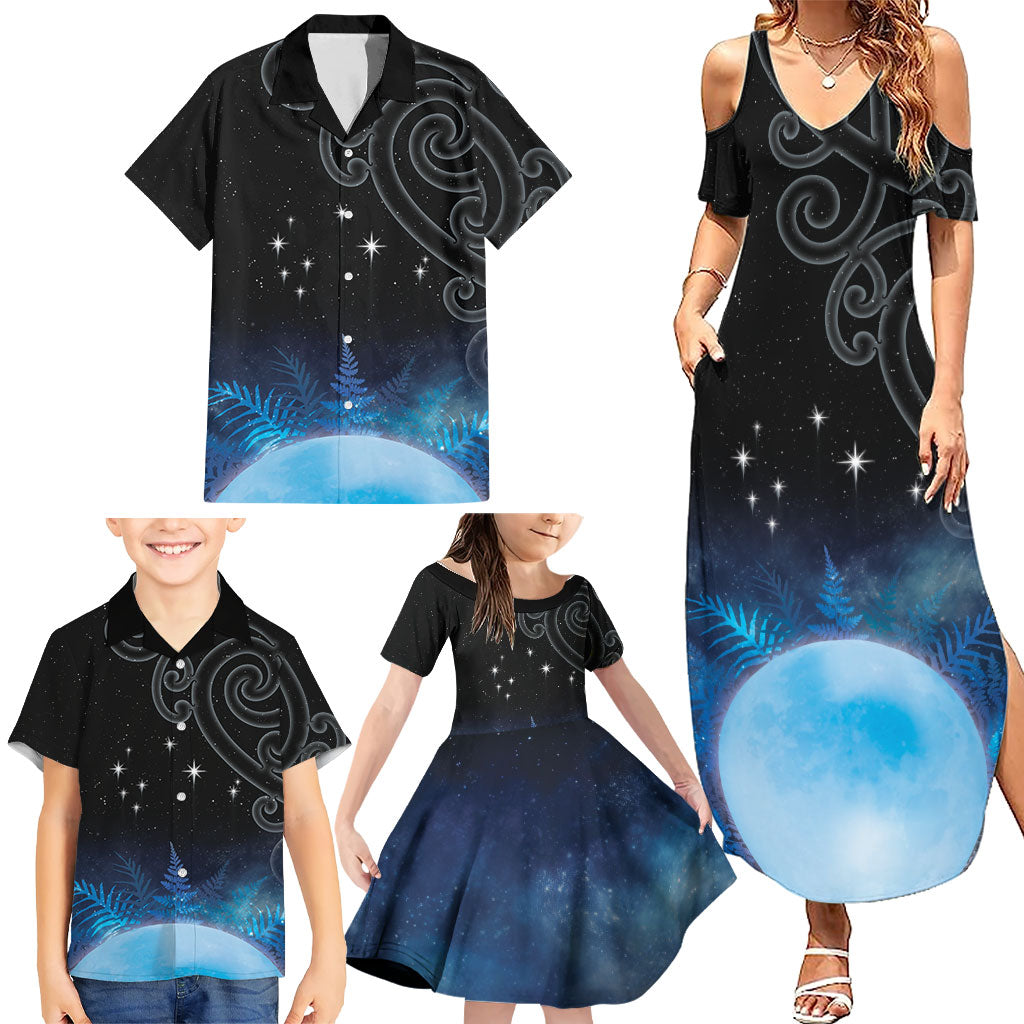 New Zealand Matariki Family Matching Summer Maxi Dress and Hawaiian Shirt Pleiades Star Cluster Blue Galaxy