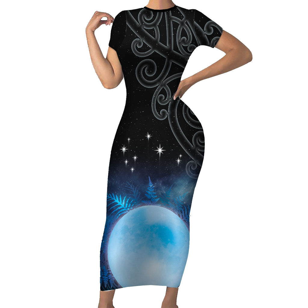 New Zealand Matariki Short Sleeve Bodycon Dress Pleiades Star Cluster Blue Galaxy