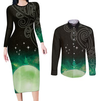New Zealand Matariki Couples Matching Long Sleeve Bodycon Dress and Long Sleeve Button Shirt Pleiades Star Cluster Green Galaxy LT05 Green - Polynesian Pride