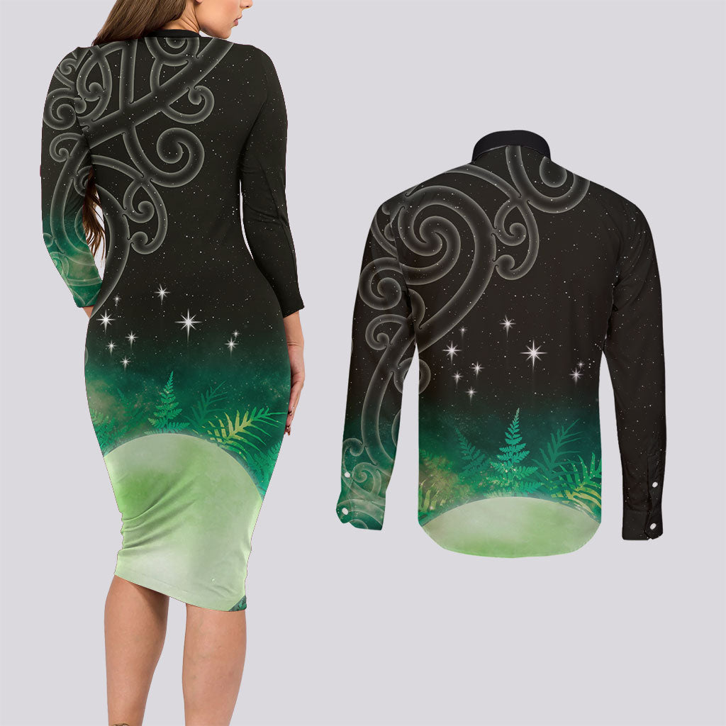 New Zealand Matariki Couples Matching Long Sleeve Bodycon Dress and Long Sleeve Button Shirt Pleiades Star Cluster Green Galaxy LT05 - Polynesian Pride