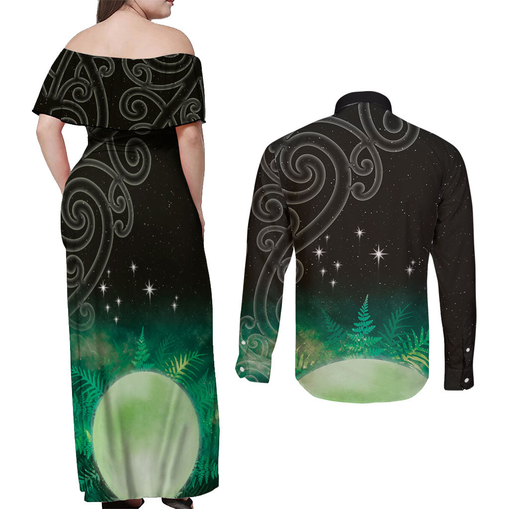 New Zealand Matariki Couples Matching Off Shoulder Maxi Dress and Long Sleeve Button Shirt Pleiades Star Cluster Green Galaxy LT05 - Polynesian Pride