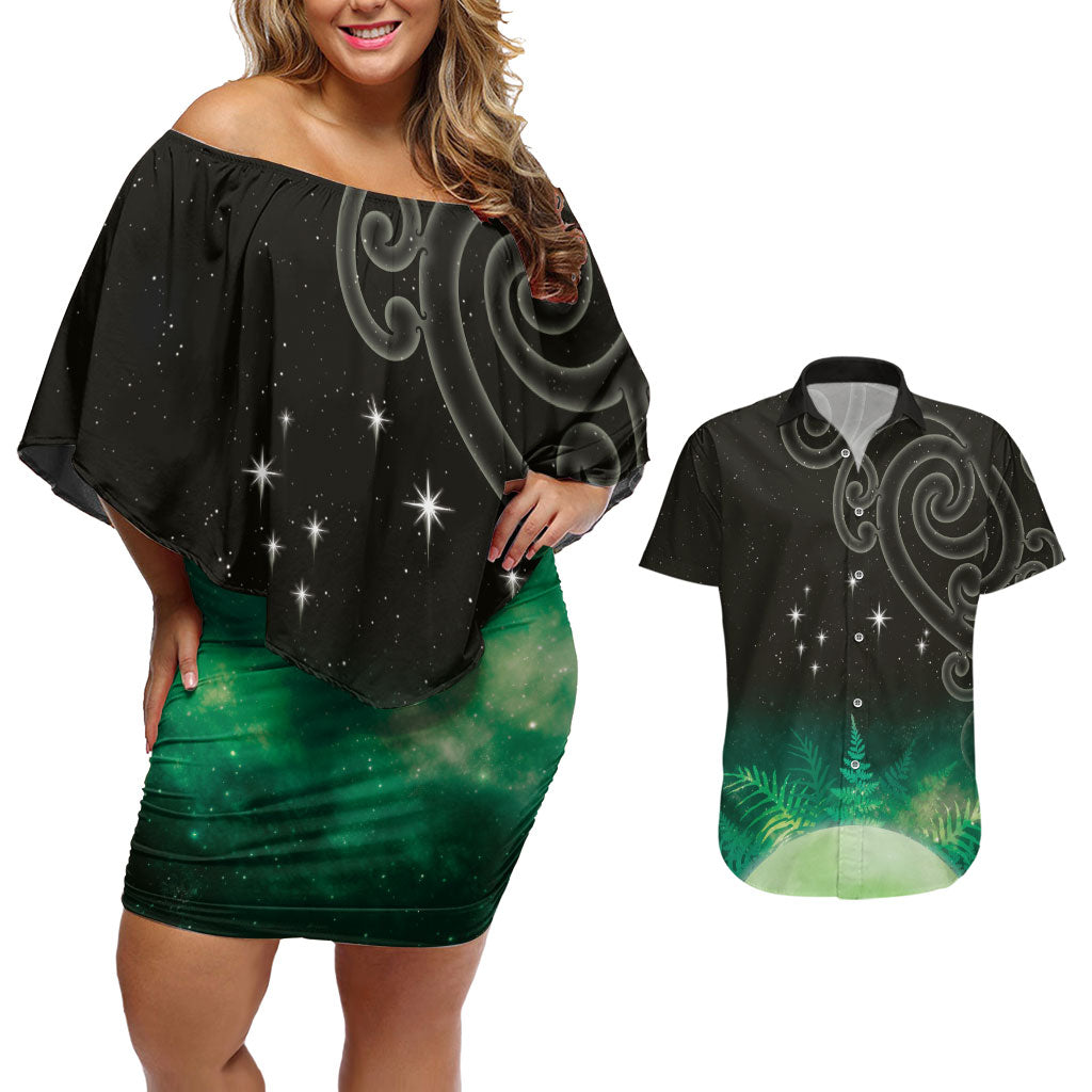 New Zealand Matariki Couples Matching Off Shoulder Short Dress and Hawaiian Shirt Pleiades Star Cluster Green Galaxy LT05 Green - Polynesian Pride