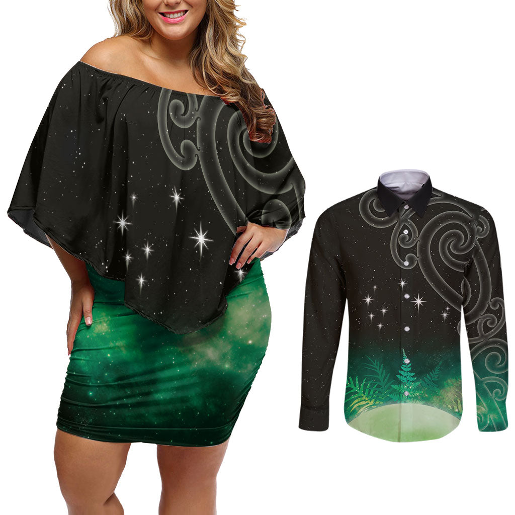 New Zealand Matariki Couples Matching Off Shoulder Short Dress and Long Sleeve Button Shirt Pleiades Star Cluster Green Galaxy LT05 Green - Polynesian Pride